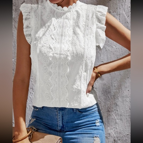 Boho white lace ruffle trim top - Picture 1 of 5